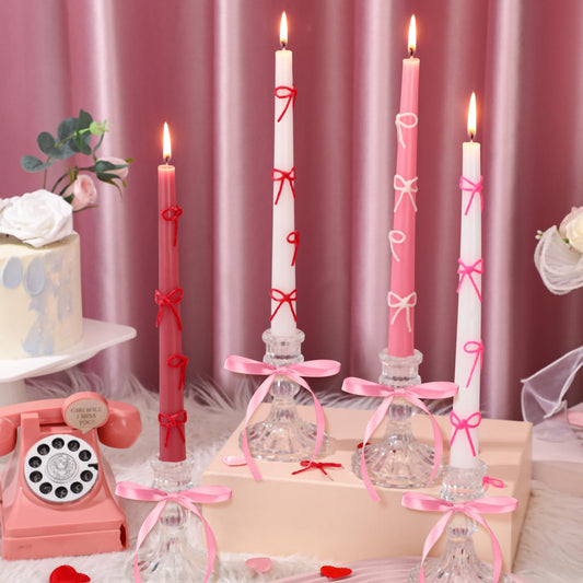 Conelist 12 Set Pink Bow Taper Candles Coquette Birthday Decoration Candles Pink Candlesticks with Wax Stick for Bridal Shower Wedding Dinner Decorations for Birthday Anniversary Party