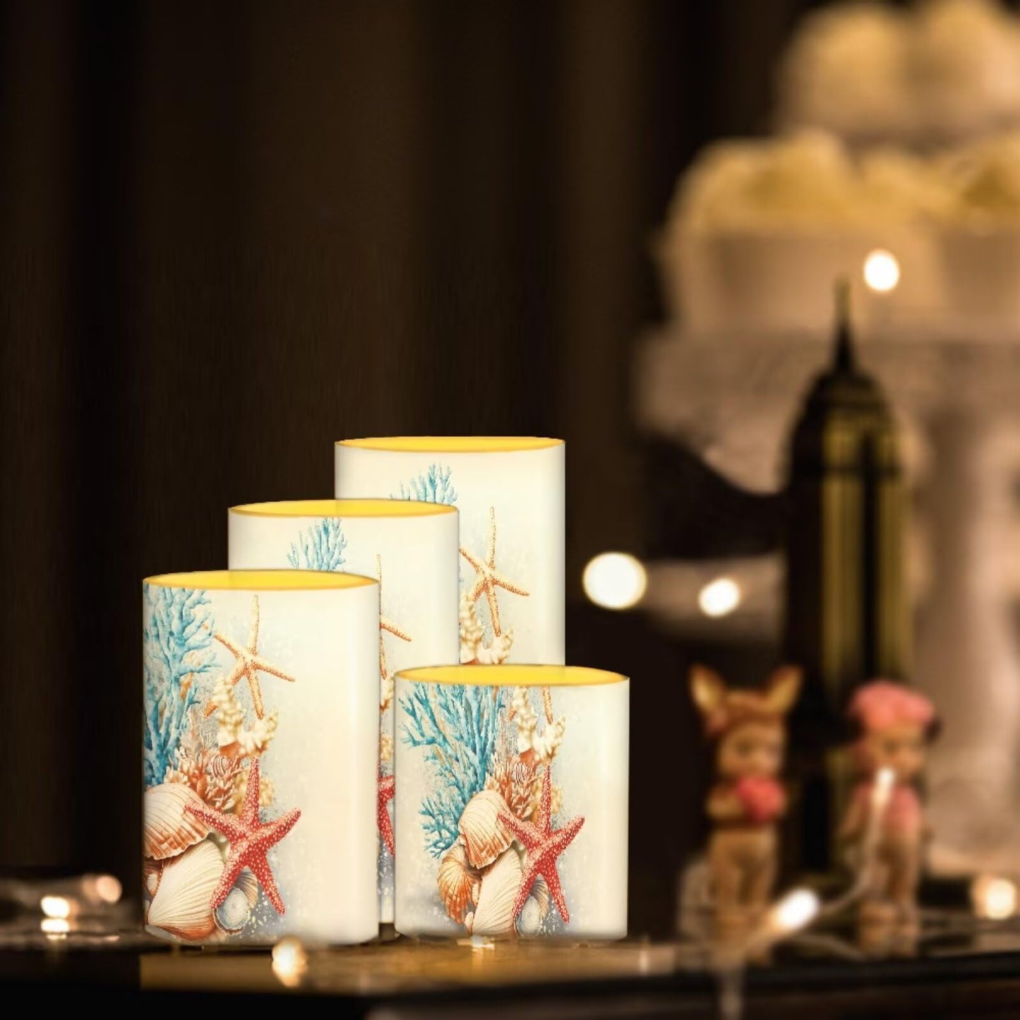 NETILGEN Flameless Candles with Remote Timer Starfish Seashell Blue Coral Print Battery Operated LED Flickering Pillar Candles for Home Party Decor
