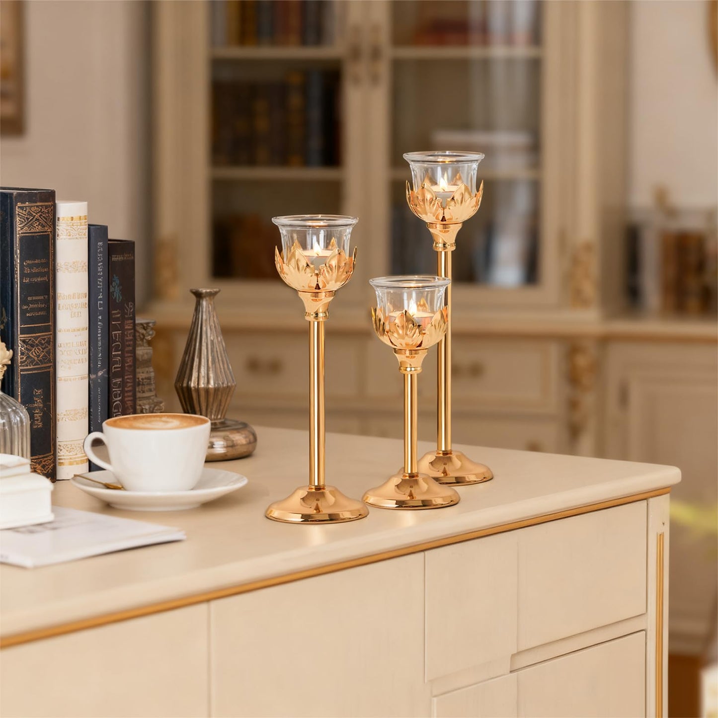 Set of 3 Metal Tea Light Candle Holder with 3 Glass Cups, 12/10/8 Inch Elegant Tealight Candelabra Centerpiece for Wedding Table Decor, Tiered Home Party Decoration (3, Gold)