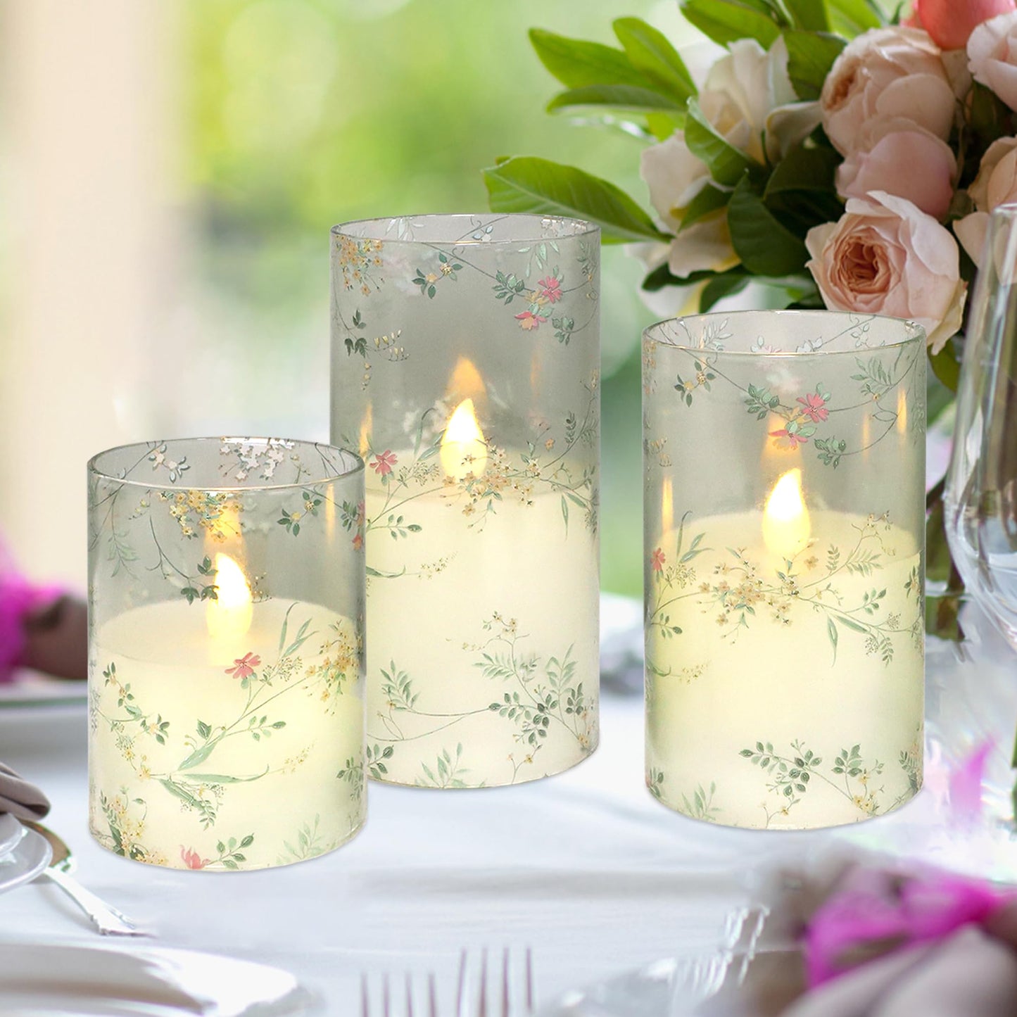 FLAVCHARM Glass Flameless Candles Flickering Battery Operated LED Pillar Candles Set of 3 with Timer and and 10-Key Remote Green Branch Floral Spring Summer Theme for Wedding Festival Home Decoration