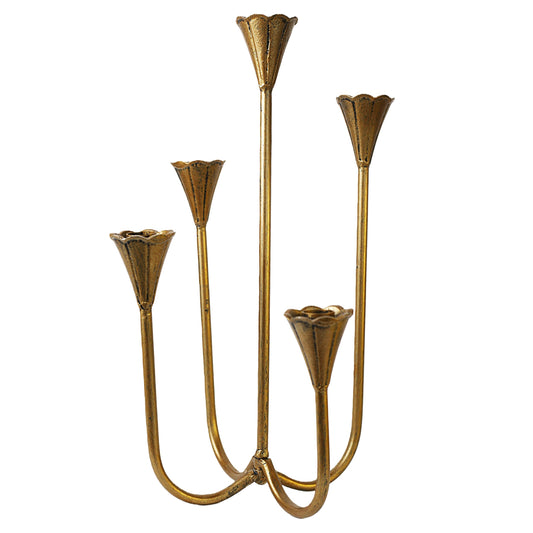 Candle Holder Vintage Candlestick Holder Stand for Stick Taper Candle, 5-Arm Cast Iron Candelabra for Wedding Centerpiece Table Decorations Fireplace Mantel Decor, Antique Brass