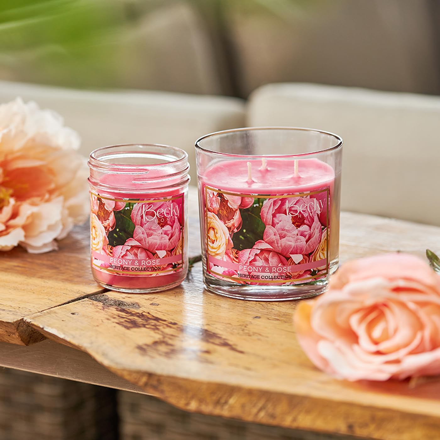 Peony and Rose Scented 3-Wick Candle in Glass Jar | Candles for Home | 14.5oz Rustic Home Decor Novelty Candle | 60 Hour Burn Time Candle