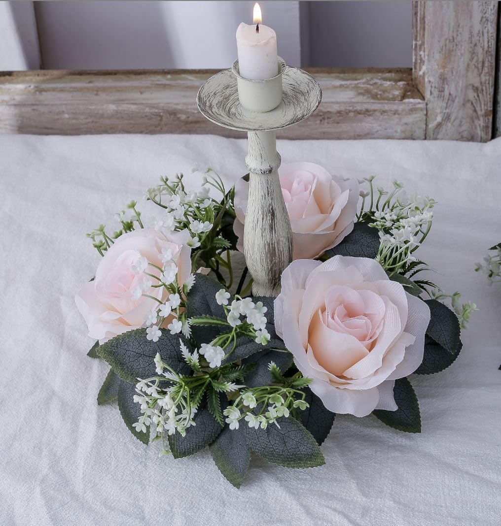 2 Pcs Artificial Rose Candle Rings,Floral Wreaths with Eucalyptus Leaves Greenery Garland for Pillar Candle Lantern Wedding Centerpiece Party Home Table Decor (Pink)