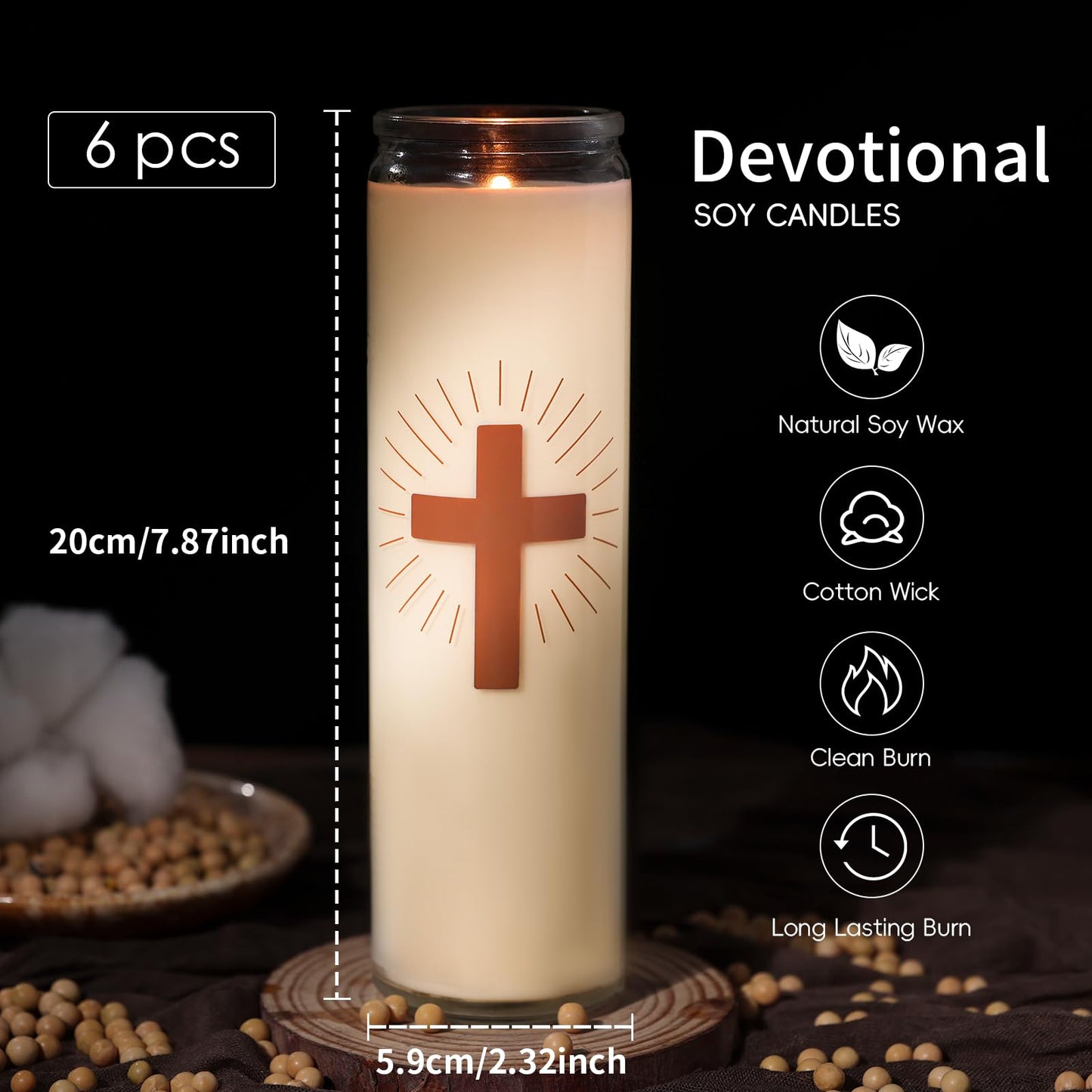 Soy Wax Prayer Candles, 6 Packs, 9 Day Memorial Candles with 120 Hours Long Burn Time, Unscented Devotional Candles for Vigils, Blessings, Spiritual, Ceremonies, Emergency