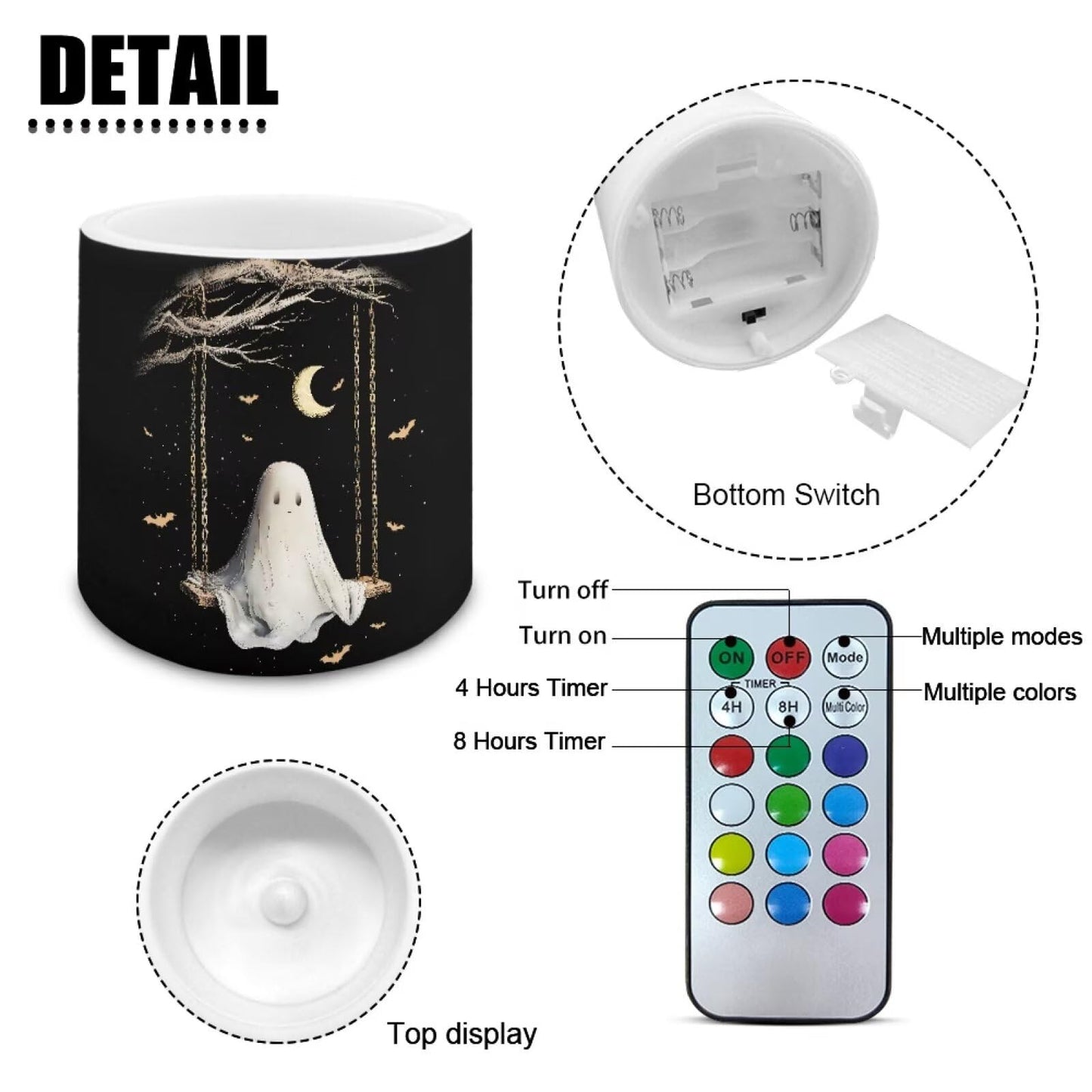 Merkmak 4Pcs Flameless Candles with Remote Halloween Moon Ghost Battery Operated Candles with Timer Pillar Tea Lights Bulk for Indoor Outdoor Banquet Party Home Decoration