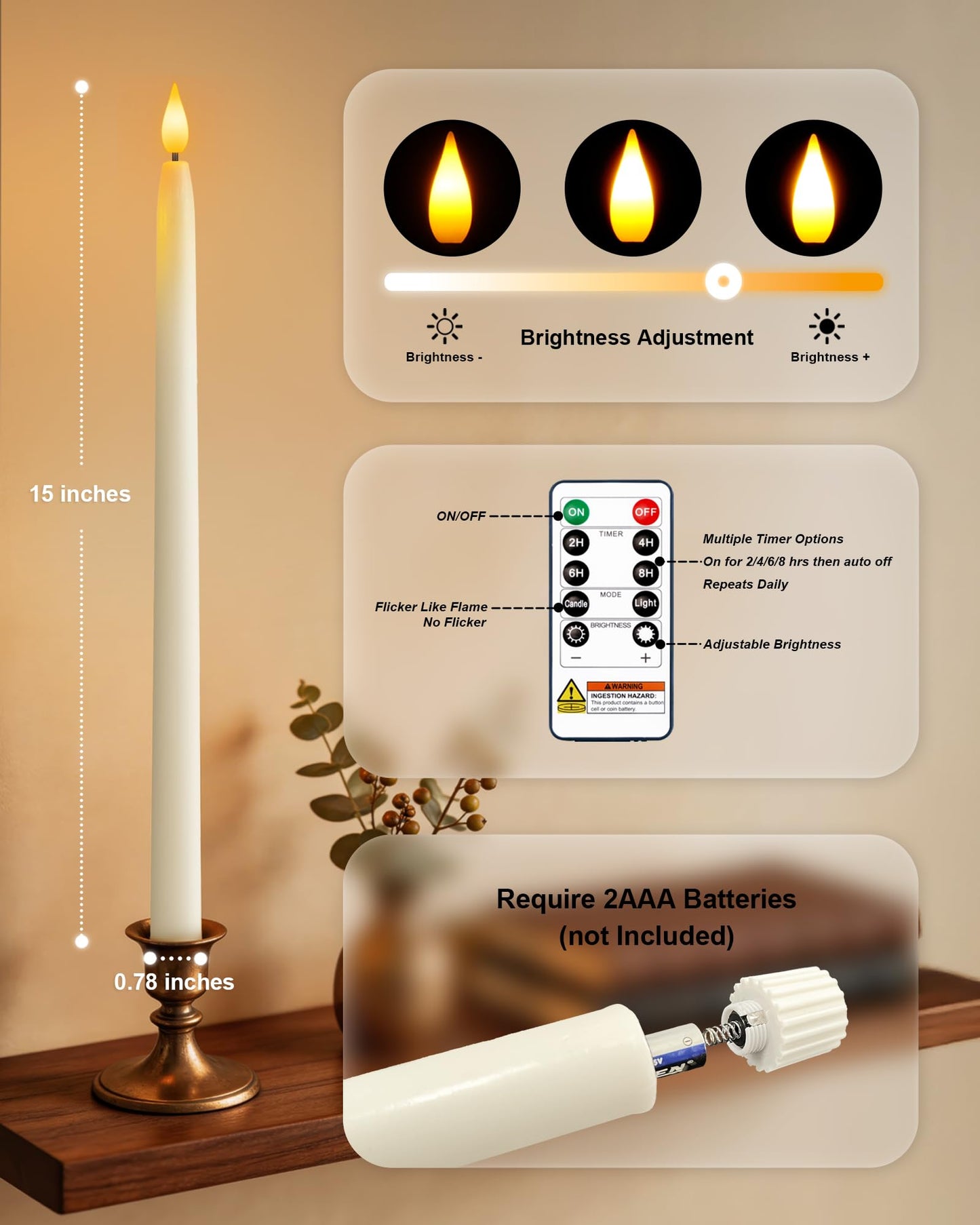 Homemory 15 inches Real Wax Flameless Taper Candles with Remote Timer, 6 Pcs White LED Taper Candles Battery Operated with 3D Flickering Flame, Window Candle Led Candlesticks for Dinners Home Decor