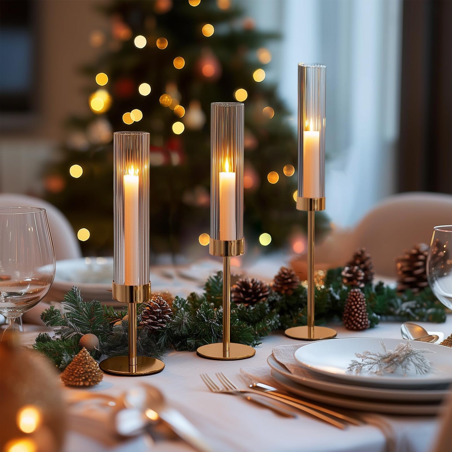 Gold Hurricane Candle Holders, Set of 6 Glass Taper Candlestick Holders Metal Candle Stands Bulk with Ribbed Glass Cover for Dining Tables Wedding Candelabra Centerpieces Decor