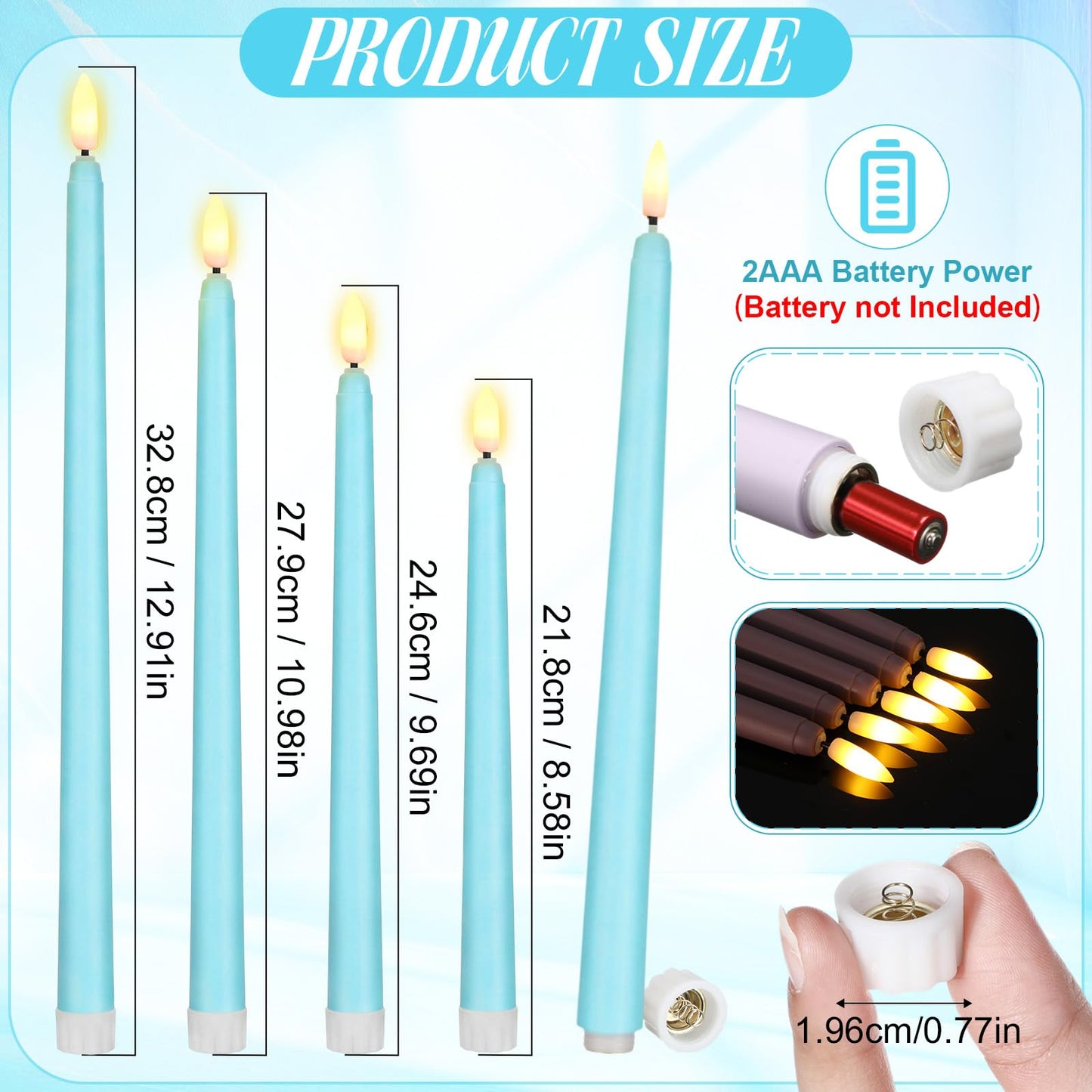 Rossesay 24 Pcs Flameless LED Taper Candles Battery Operated Candle 8.5", 9.65", 10.8", 12.8" Flameless Candlesticks Flickering for Christmas Church Wedding Indoor Decoration(Classic, Turquoise)