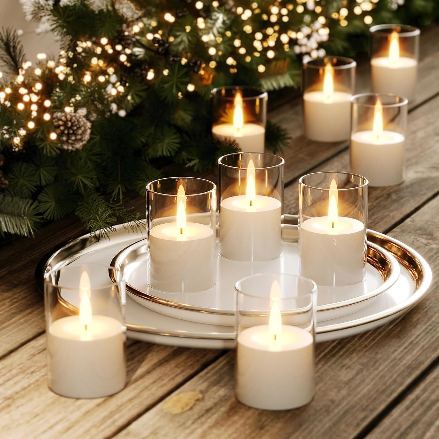 VIODAIM 12Pack Flickering Flameless LED Candles with Timer, Battery Powered - Small Pillar & Votive, Clear (2"X3")