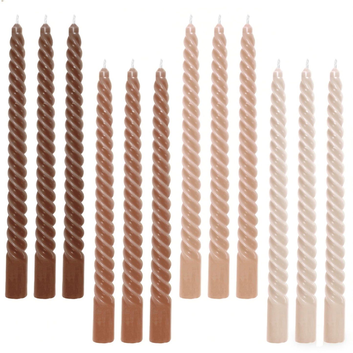 Whaline 12 Pcs Gradient Brown Spiral Taper Candles Dripless Twisted Wax Candles 10 Inch Long Unscented Candle Sticks for Wedding Holiday Fall Party Home Dinner Table Decor