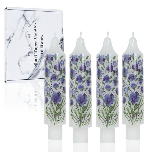 Floral Taper Candle Dripless Candlesticks Blue and White Handmade Candles Short Candle Sticks Flower Tapered Candles for Home Party Wedding Dinner 6inch-4pcs