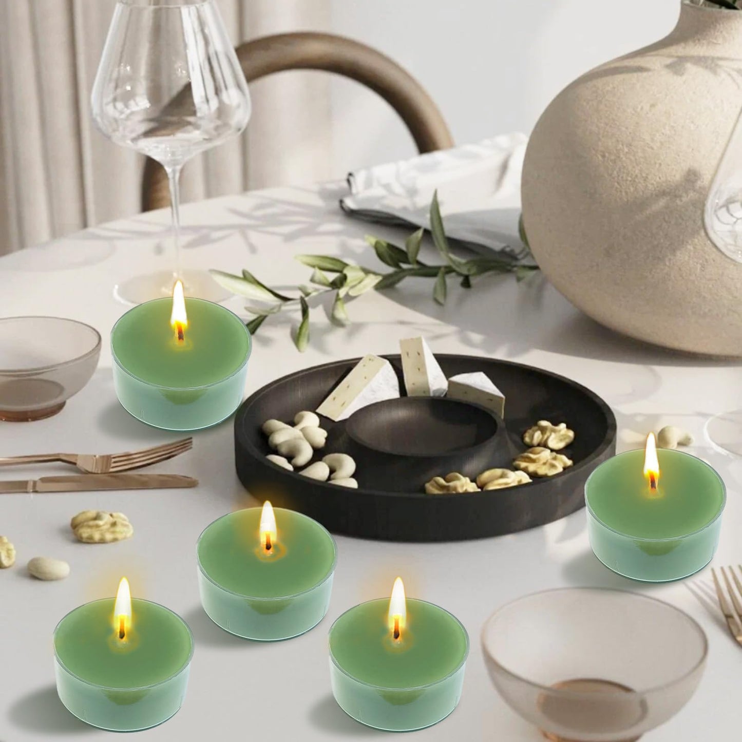 NJAO HOO 24 Pack Sage & Sea Salt Scented Tealight Candles 6 Hours Burn Grass Green Tea Candle Clear Cup Small Round Candle for Home Decor and Aromatherapy
