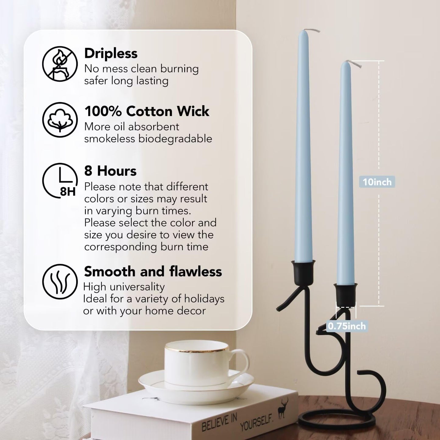 Pickood 10-Inch Tall Dripless Taper Candles Set of 4 - Baby Blue Tapered Candles, Perfect for Halloween,Fall - Smokeless, Unscented, Long Burning - Hand Poured, Colored Tall Candlesticks - Baby Azul