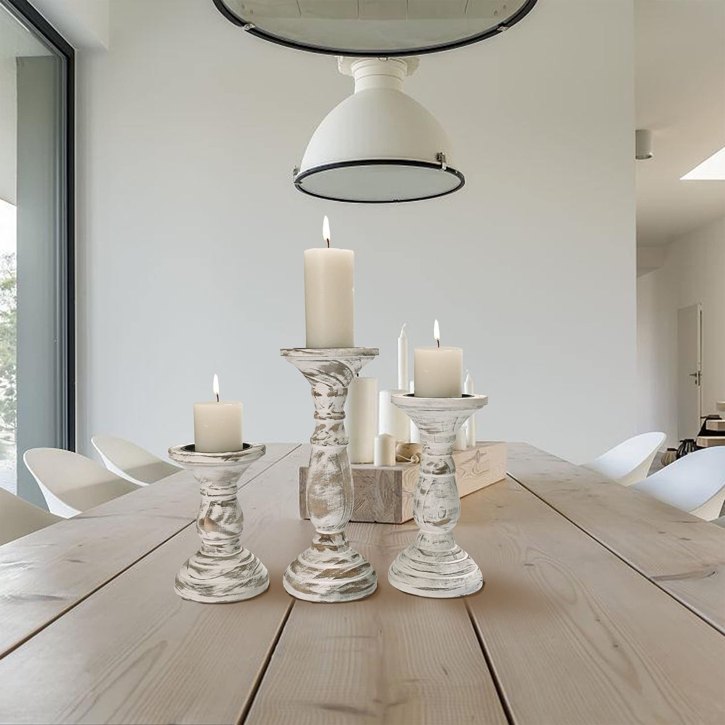 Yorkmills Pillar Candle Holder Set of 3, Farmhouse Decor Living Room Tall Candle Holders for Pillar Candles, Wood Candle Holders for Table Centerpieces White Home Decor Kitchen Dining Room Table Decor