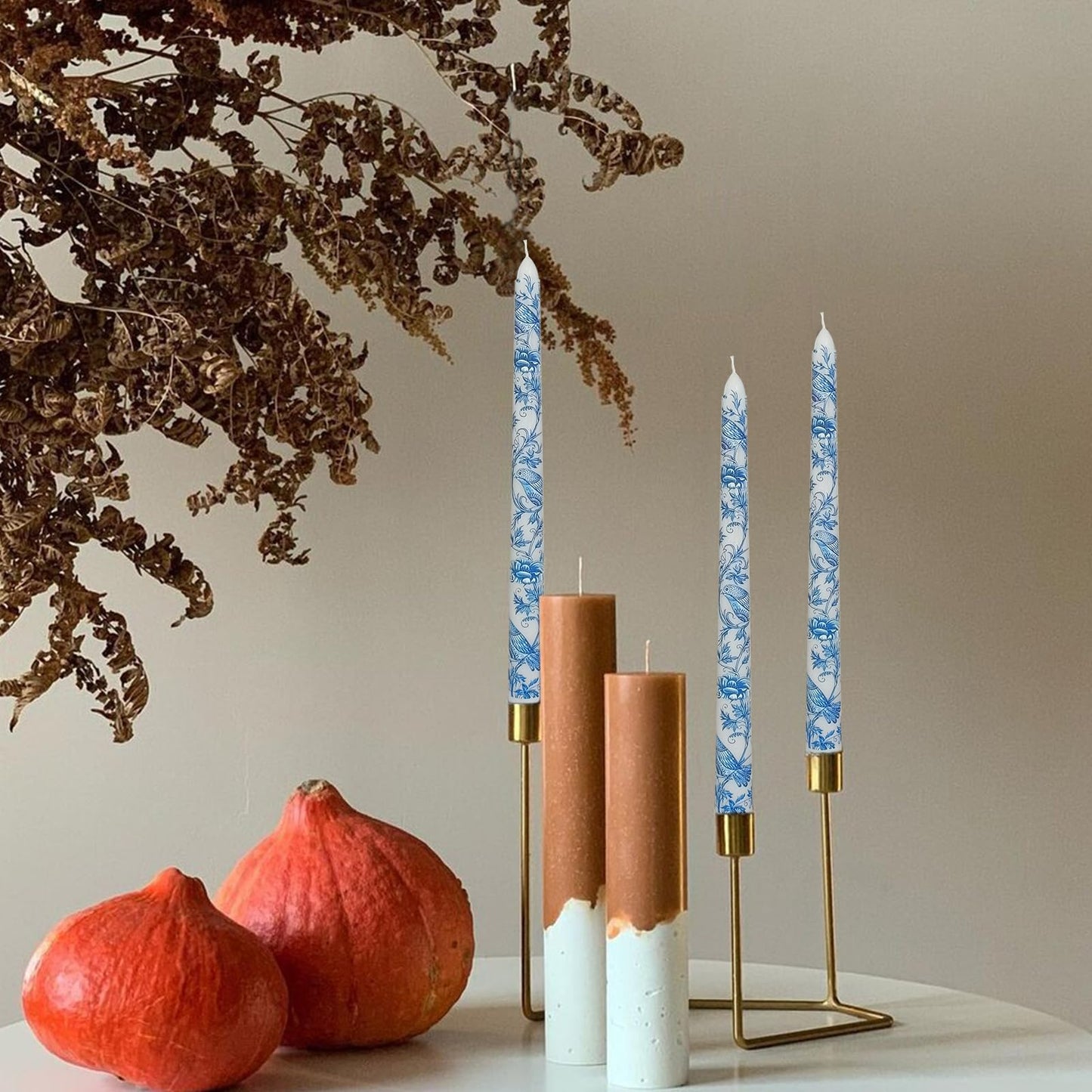 Blue and White Porcelain Taper Candles 10 Inch Print Candle Handmade Unscented Mandarin Duck Long Candles 2 Pack Candlesticks for Wedding Home Decoration Gifts