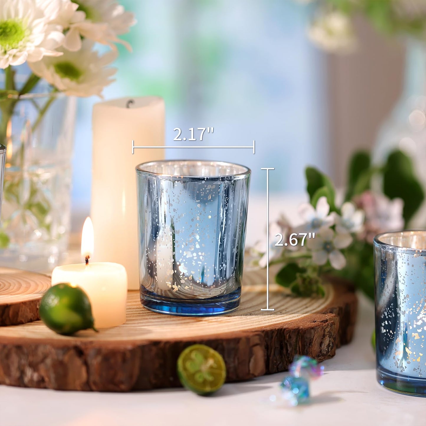 Volens Blue Votive Candle Holders Bulk, Mercury Glass Tealight Candle Holder Set of 12 for Wedding Centerpiece Table Decorations, Bridal Shower and Home Decor