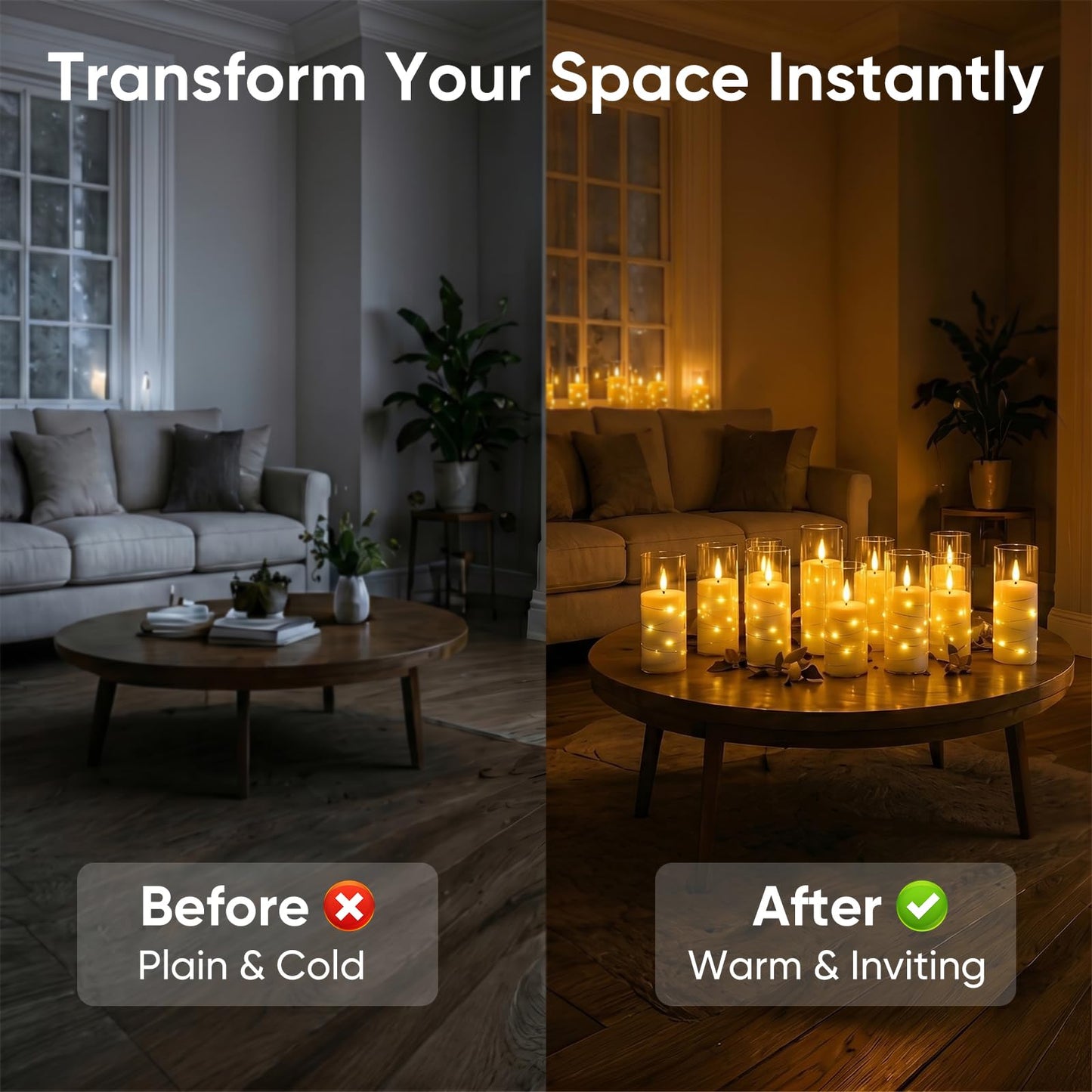 Homemory Flameless Candles with Remote Timer, Clear Acrylic Flickering LED Pillar Candles with Embedded Fairy String Lights, Battery Operated Candles for Wedding Fireplace Lantern Home Decor, Set of 9
