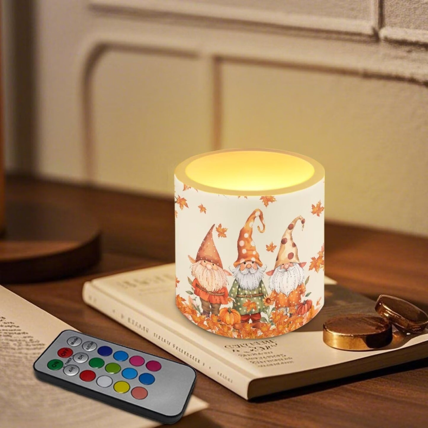 Cozeyat Fall Gnome LED Candles Set of 4 Battery Powered Flameless with Remote Timer Flickering Flame Waterproof for Home Garden Beach Table