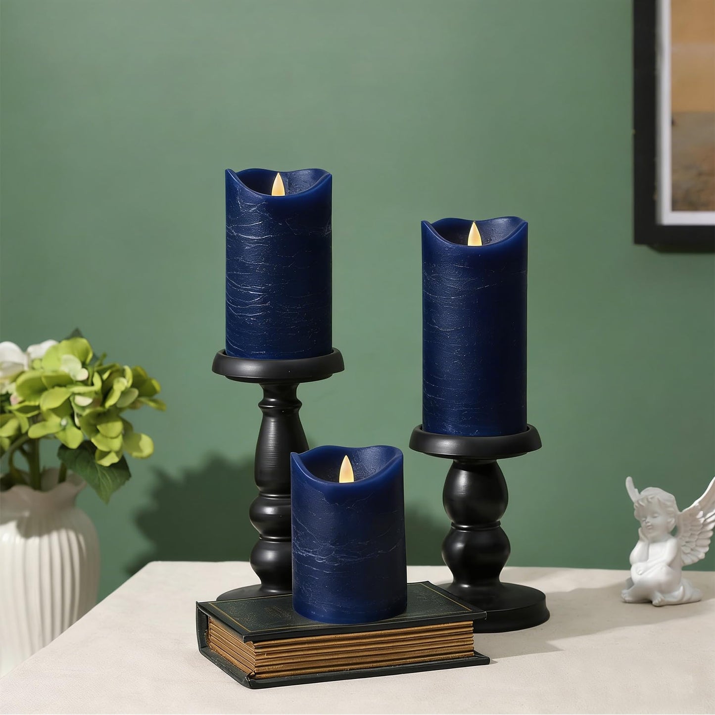 EZiKitchen Real Wax Flameless Candles Set of 3 (D 3" x H 4" 5" 6") Battery Operated LED Candle with Timer Home Decorative Pillar Flickering Lights,Wedding Party Events Decor,Navy Blue