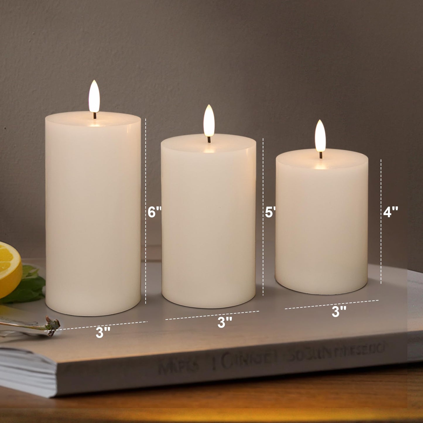 AFINETH Flickering Flameless Candles, Real Wax Battery Operated Candles with Remote, Flat Top Led Flameless Pillar Candles for Home, Wedding, Party Decor, Set of 3, Φ 3" H 4" 5" 6", Ivory
