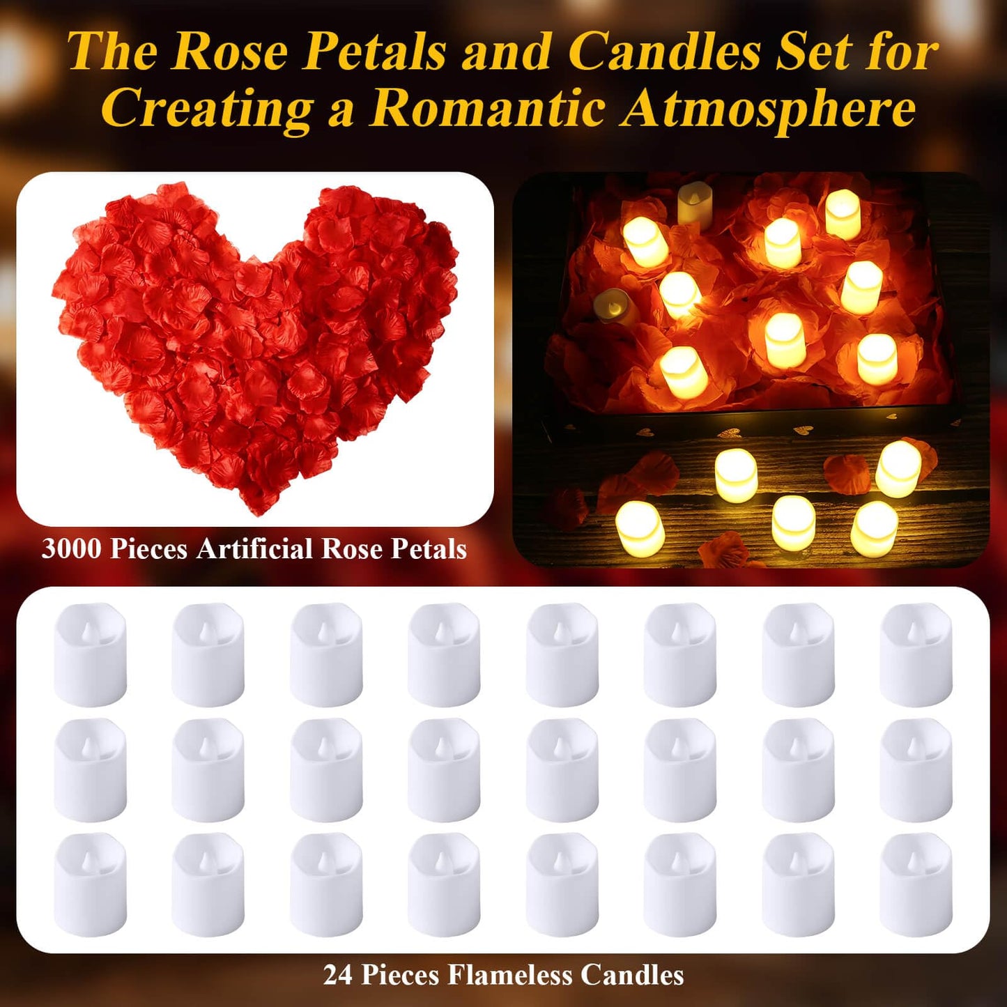 cridoz Rose Petals and Candles Set, 3000 Fake Rose Pedals and 24 Flameless Candles for Romantic Night Decorations