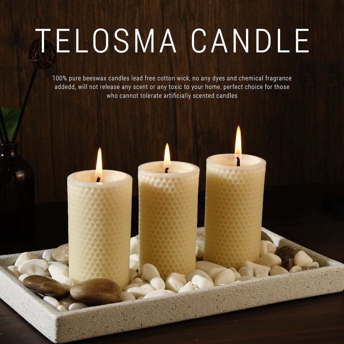 Pure Natural Beeswax Pillar Candles - Pack of 3 - Honeycomb Surface, No Scent- for Emergency/Prayer/Relax (2inch Diameter, 4 inch Tall - Off White)