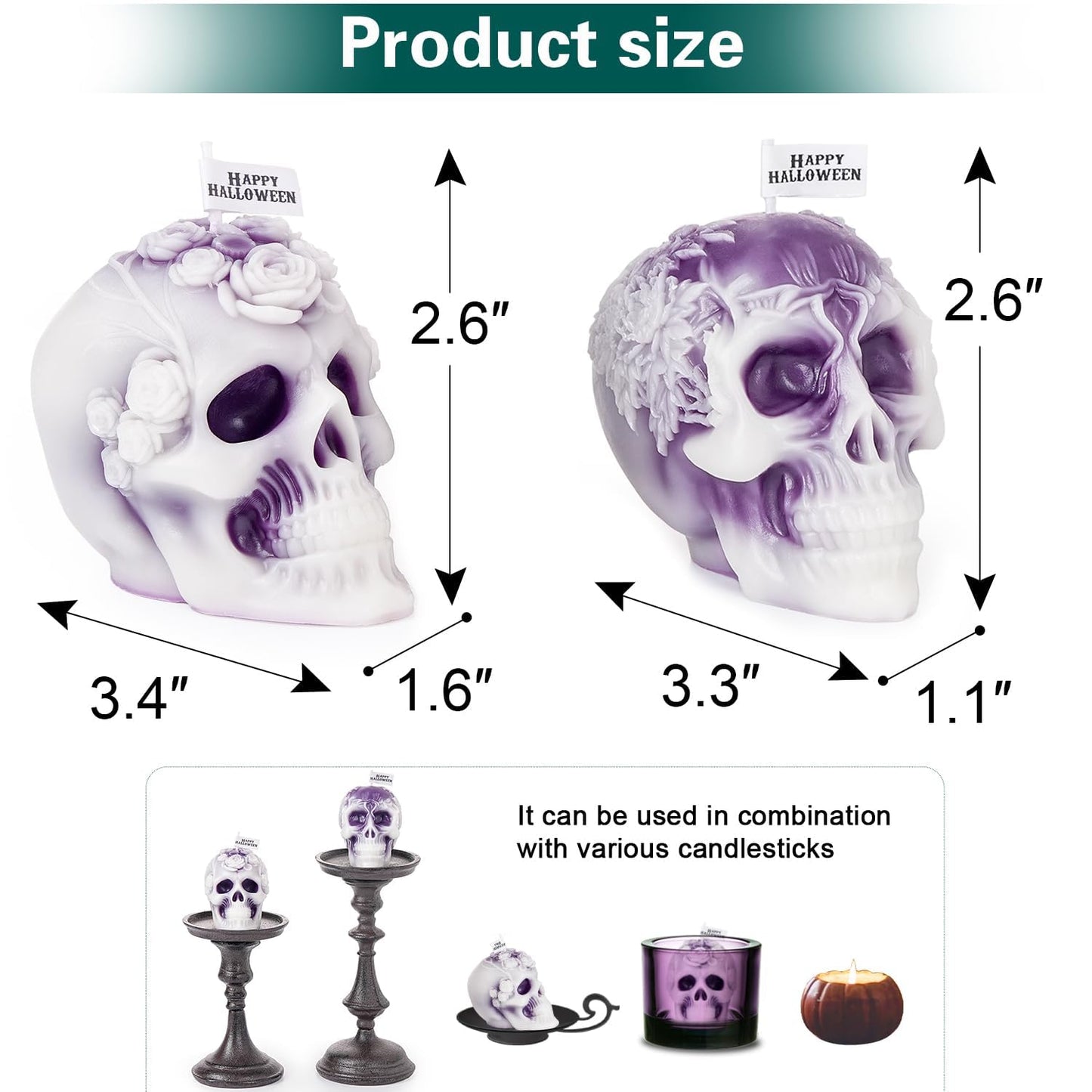 Sungmor Purple Skull Shaped Candles - Halloween Decor, Day of the Dead Gifts, Gothic Home Decor Candles, Unique Scented Candle for Spooky Ambiance, Set of 2, 100% Natural Soy Wax Decorative Candle