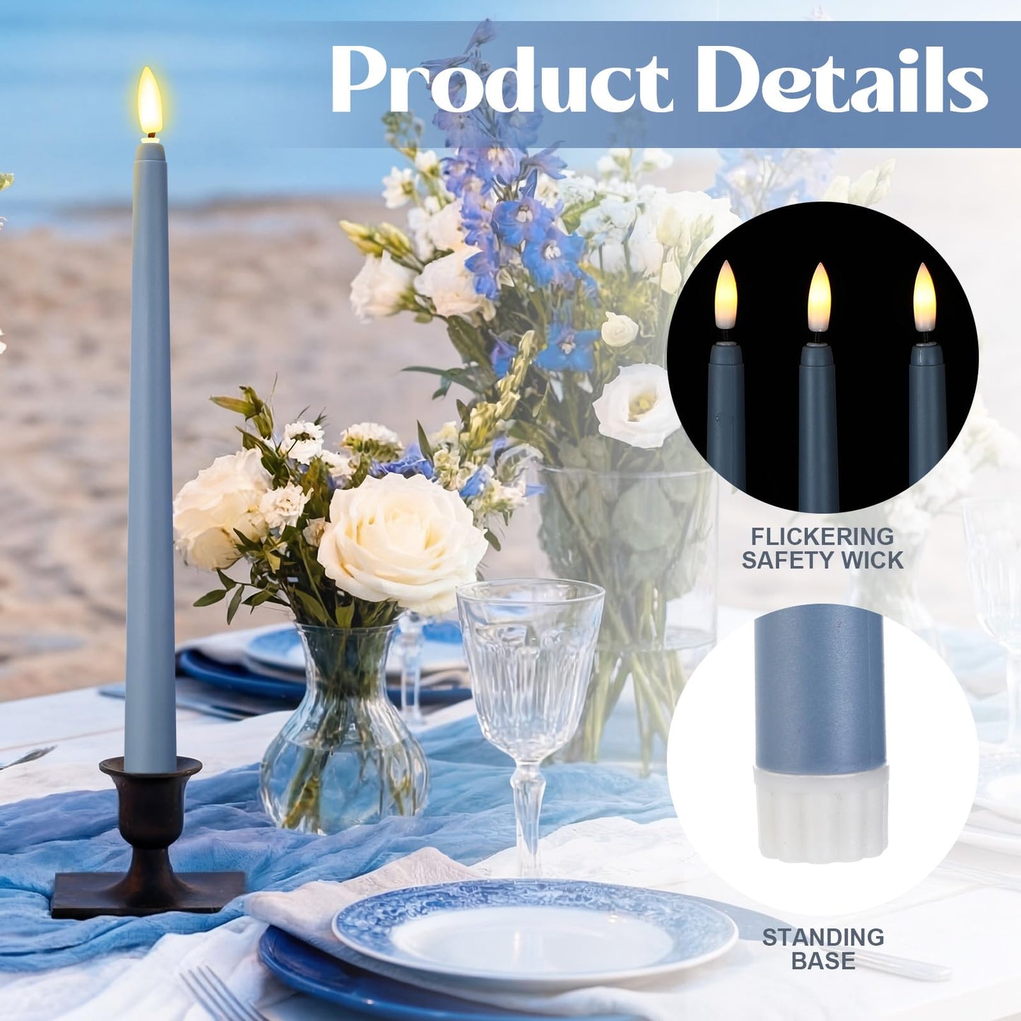 Macarrie 24 Packs Flameless Taper Candles Battery Operated Fake 11 Inch Long Candlelight LED Flameless Candlesticks Flickering Tapered for Spring Summer Wedding(Haze Blue)