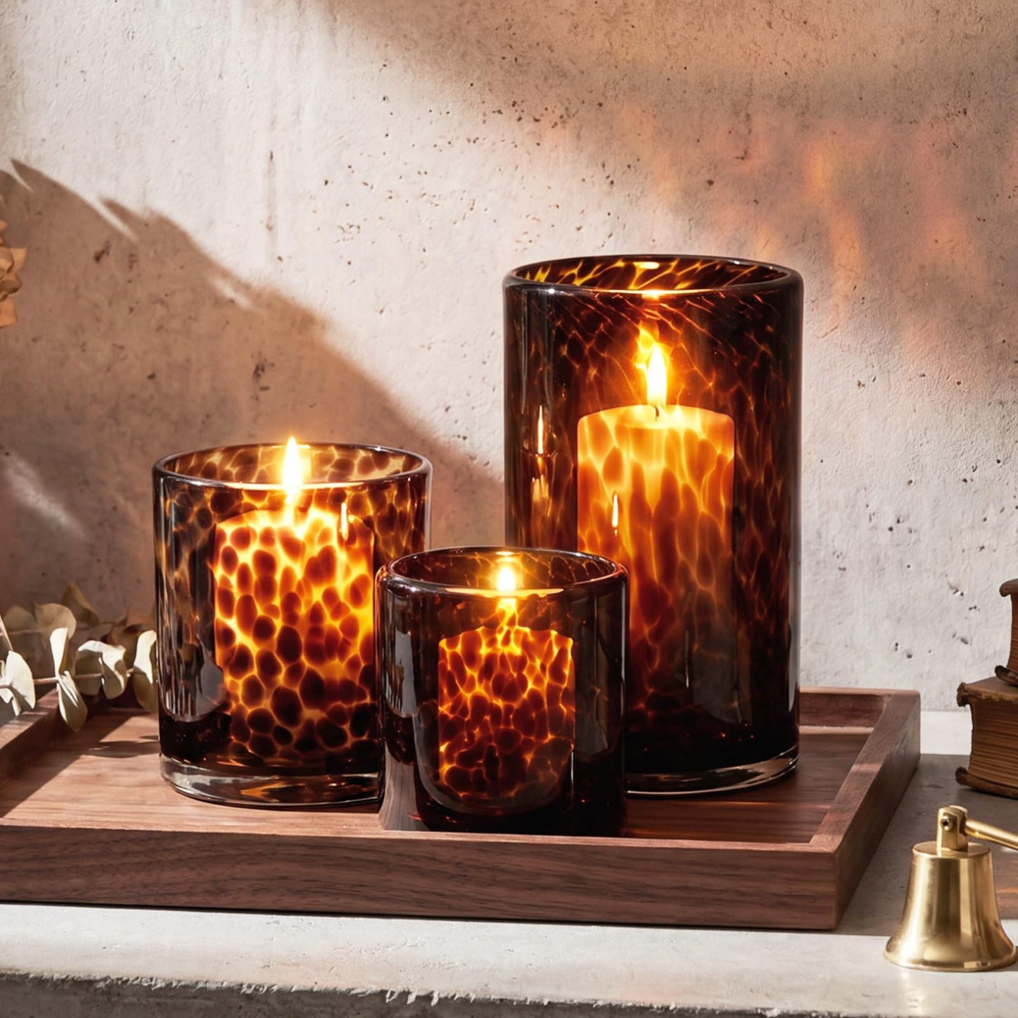Potchen Set of 3 Tortoise Shell Glass Candle Holder Vase Set 3/4/5" Tealight Pillar Candle Holder Leopard Print Tortoiseshell Cheetah Animal Print for Table Decoration Centerpieces Home Dining Party