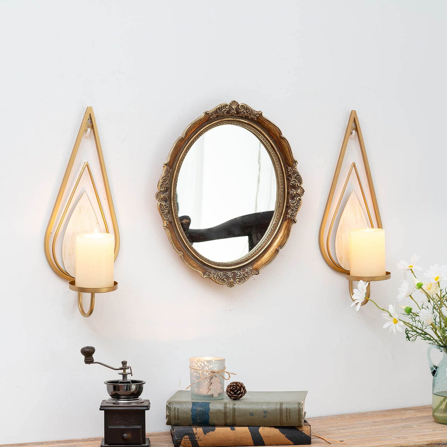 ZOOYOO Gold Wall Sconce Candle Holders Set of 2 - Metal Raindrop Hanging Iron Candle Sconces for Home Decor, Bedroom, Living Room (Gold, Modern)