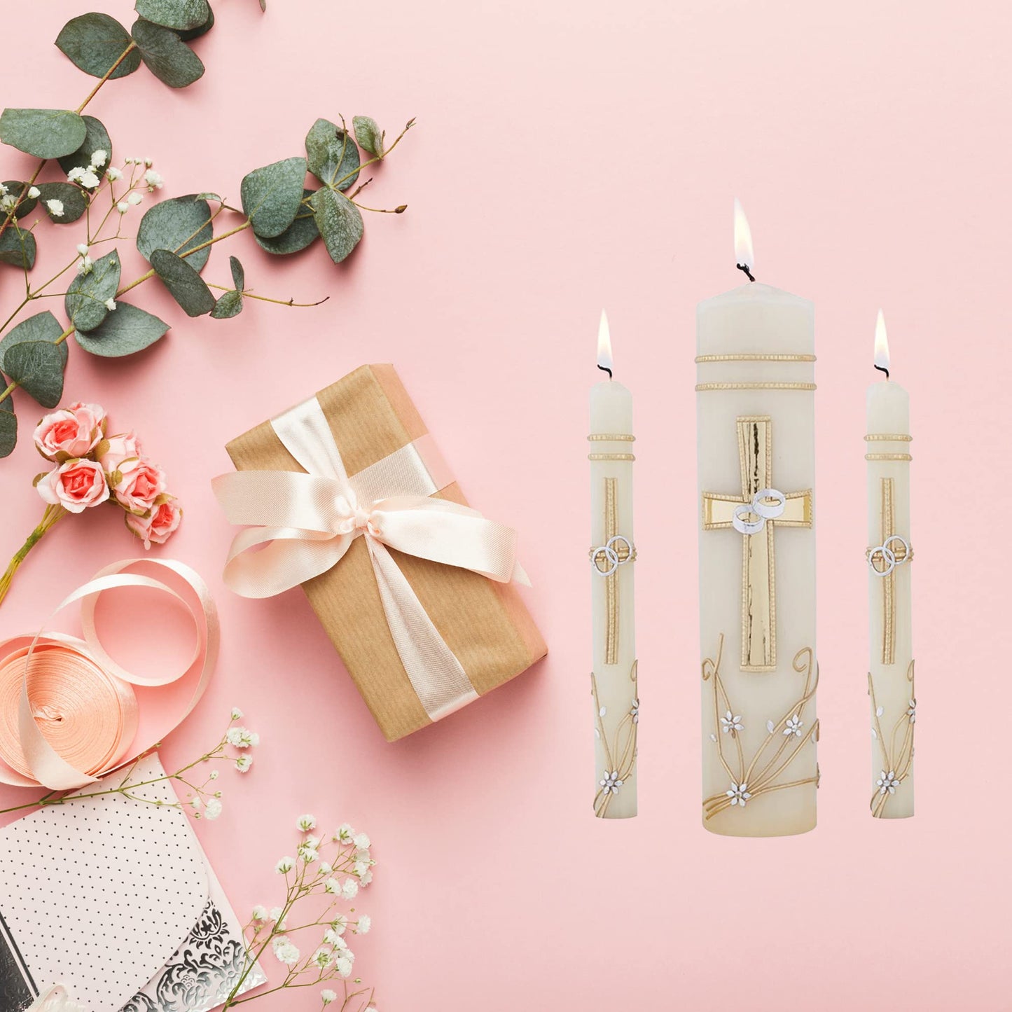 Needzo Wedding Unity Candle Set for Ceremonies, Gold Tone and Silver Toned Ornate Centerpiece Candles, 3 Pieces Included