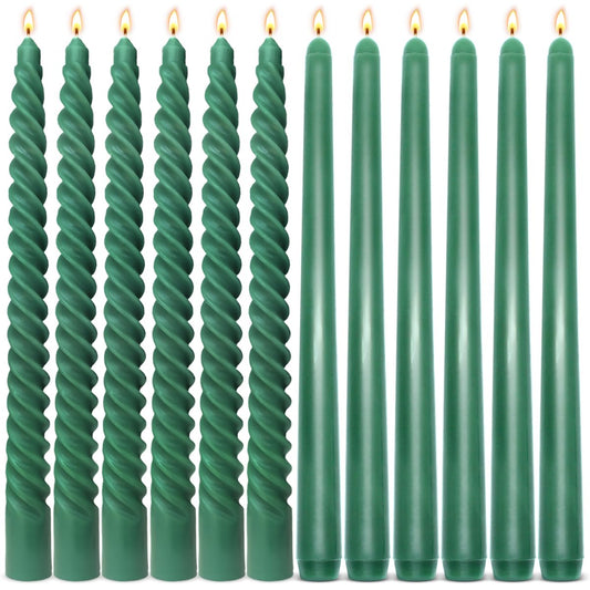 6 Pack Hunter-Green Taper Candles and 6 Pack Spiral Candles Set, 10 Inch Elegant Dripless Unscented Candlesticks for Spring St. Patrick's Day Christmas Dinners Parties and Home Decor
