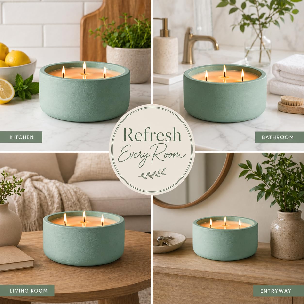 Large 20oz Scented Candle - Citrus & Mint, 3 Wick Non Toxic Soy Candles Indoor, Green Decorative Ceramic Jar Candle for Women, Men, Patio, Home, Bedroom, Bathroom, Living Room