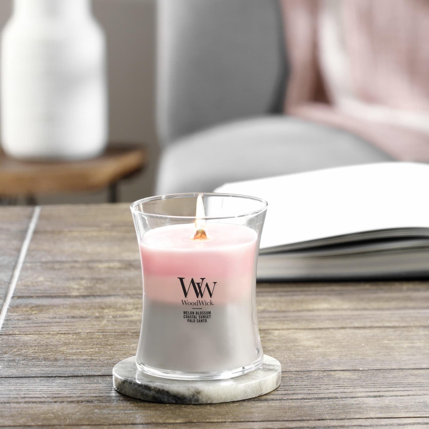 WoodWick Shoreline Trilogy Gifts for Women and Men, 9.7 oz Medium Hourglass Trilogy Candle with Crackling Wick