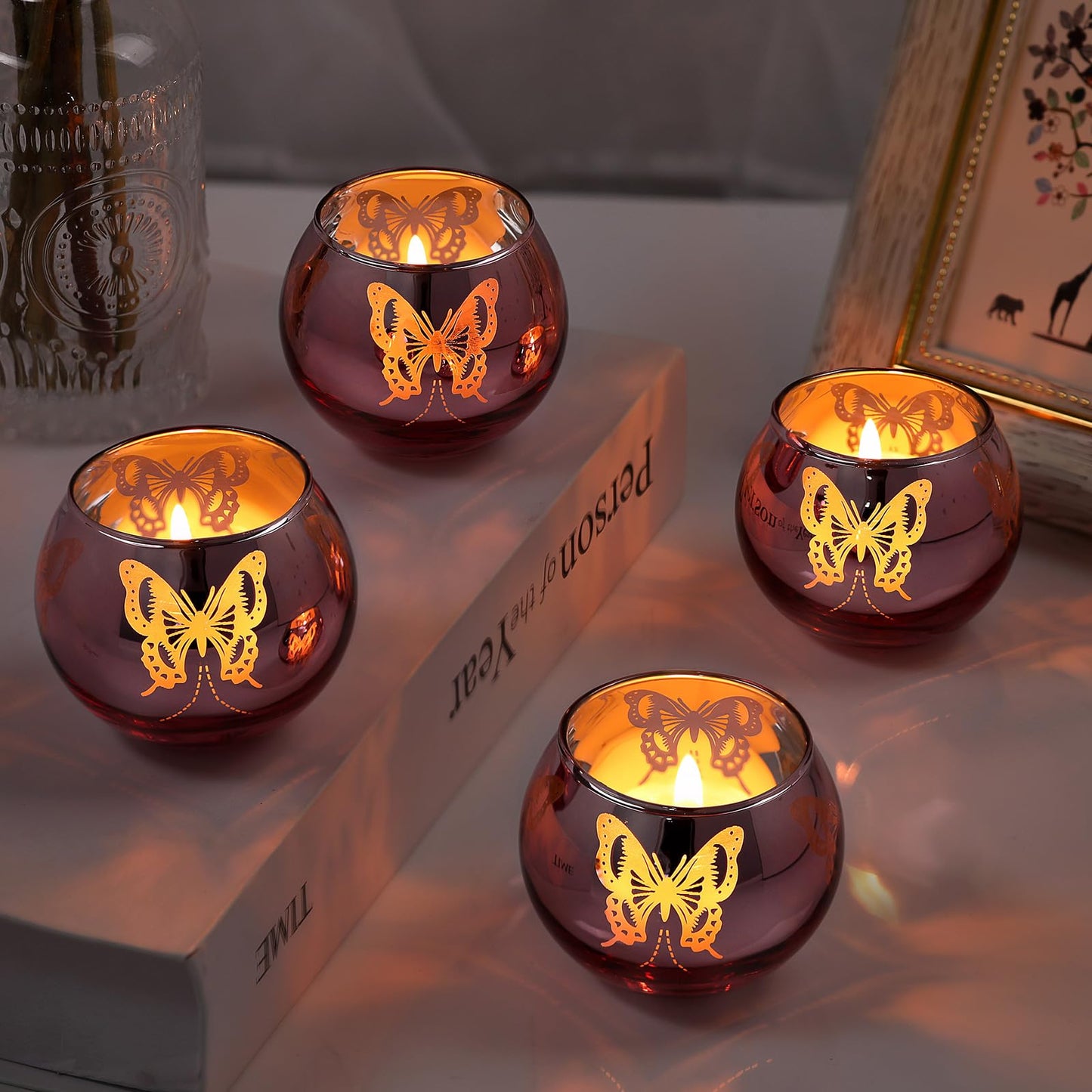 12 Pcs Pink Votive Candle Holders Set Tea Lights Candle Holder Bulk Butterfly Candle Holders Butterfly centerpieces for Tables Wedding Birthday Anniversary Parties Holiday Decorations