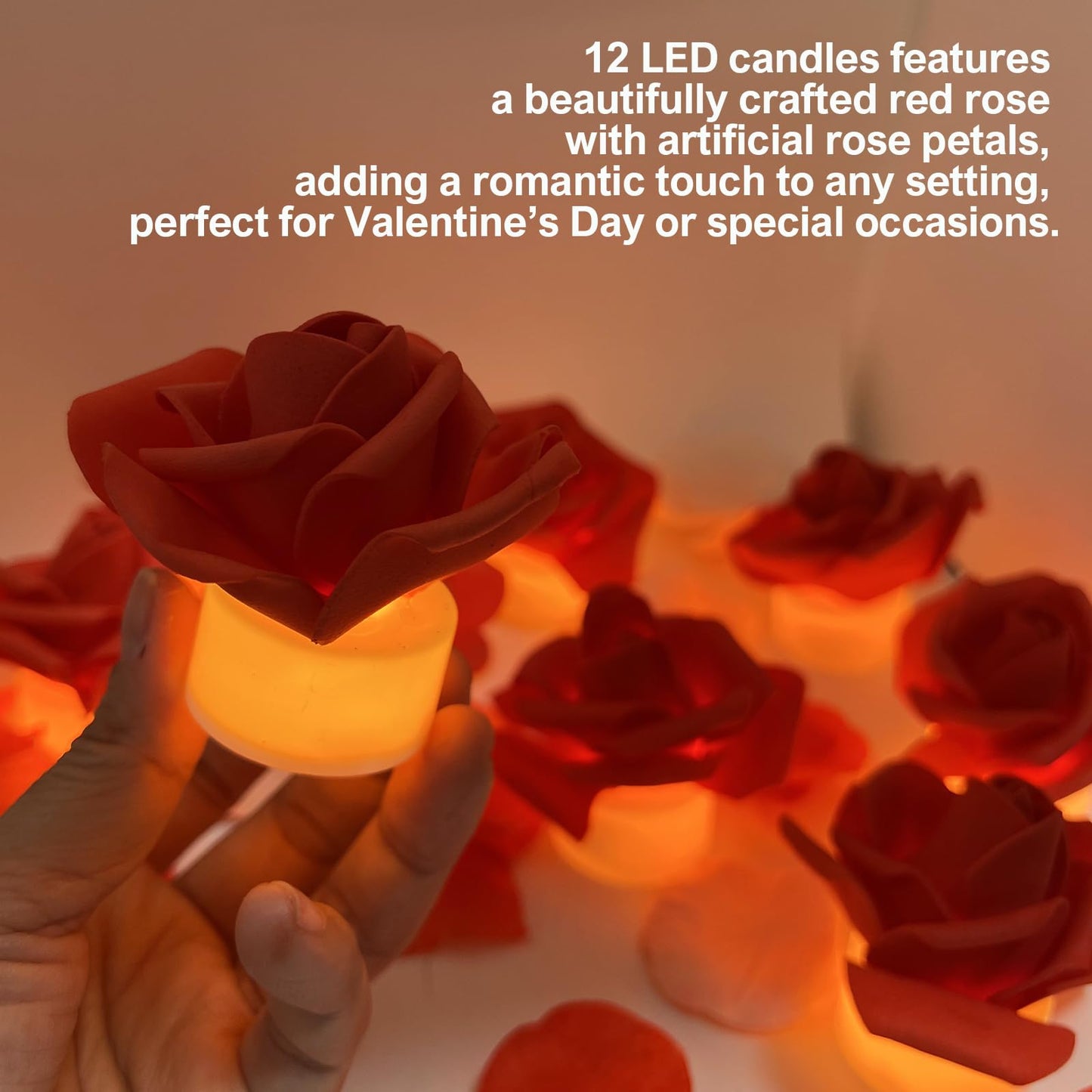 Della Stella 9 Pack Battery Operated Tea Light Candles with Artificial Rose Petals, Romantic Flameless LED Candles for Valentine's Day, Weddings, Proposals, and Christmas Decor