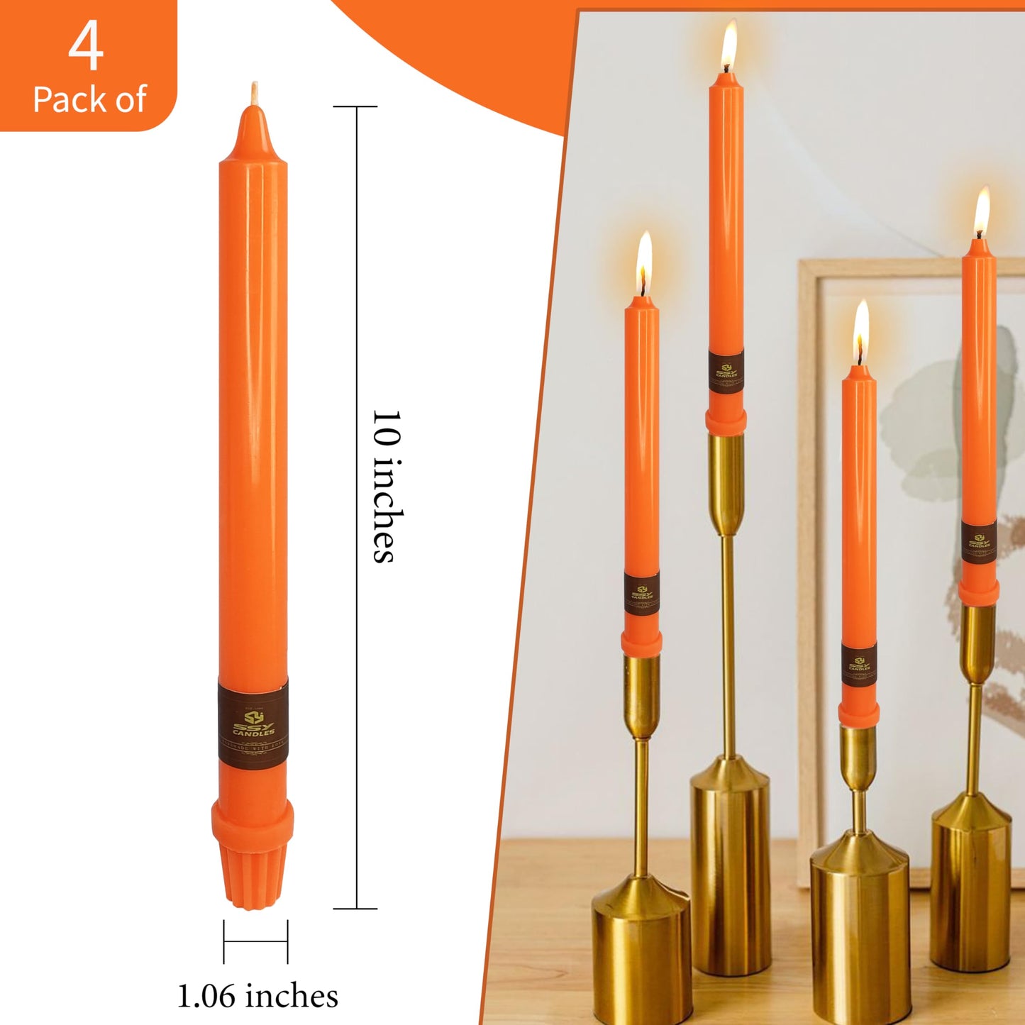 10 inch Unscented Tapered Candle 4 Pack Orange Taper Candlesticks Smokeless Candle for Halloween Thanksgiving Day Dinner Household Décor Candlesticks