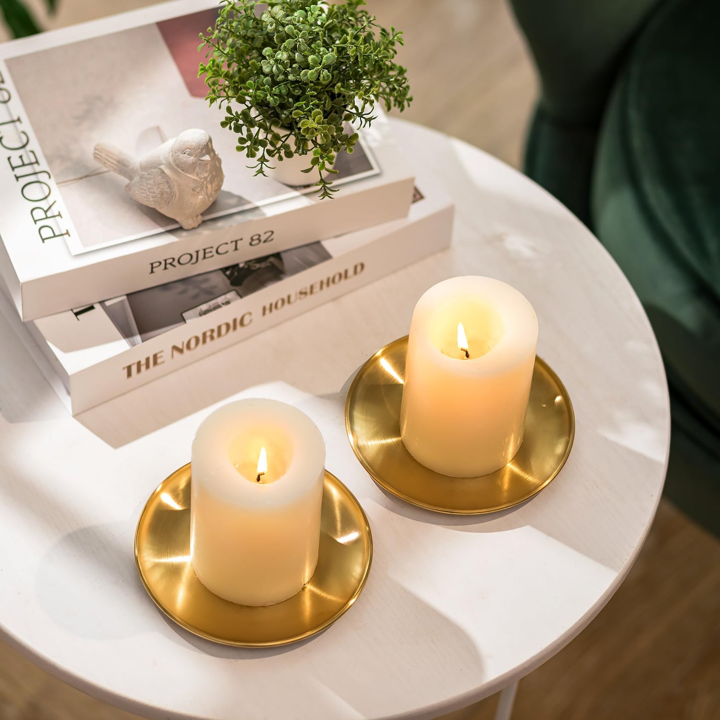 Romadedi Gold Pillar Candle Holders Decor - 5.5 Inch Round Candle Tray Decorative Brass Metal Plate Candle Srand for 3 Wick Candles Jars for Coffee Table Countertop Home Decorations, Set of 2