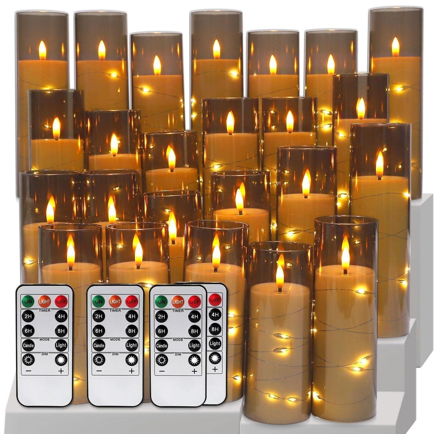 24-Pack Gray Flameless Candles with Remote Control, Battery-Powered LED Candles with Embedded Star String Lights & Realistic Flickering Flame. with Timer for Christmas, Home, Wedding, Fireplace Mantle