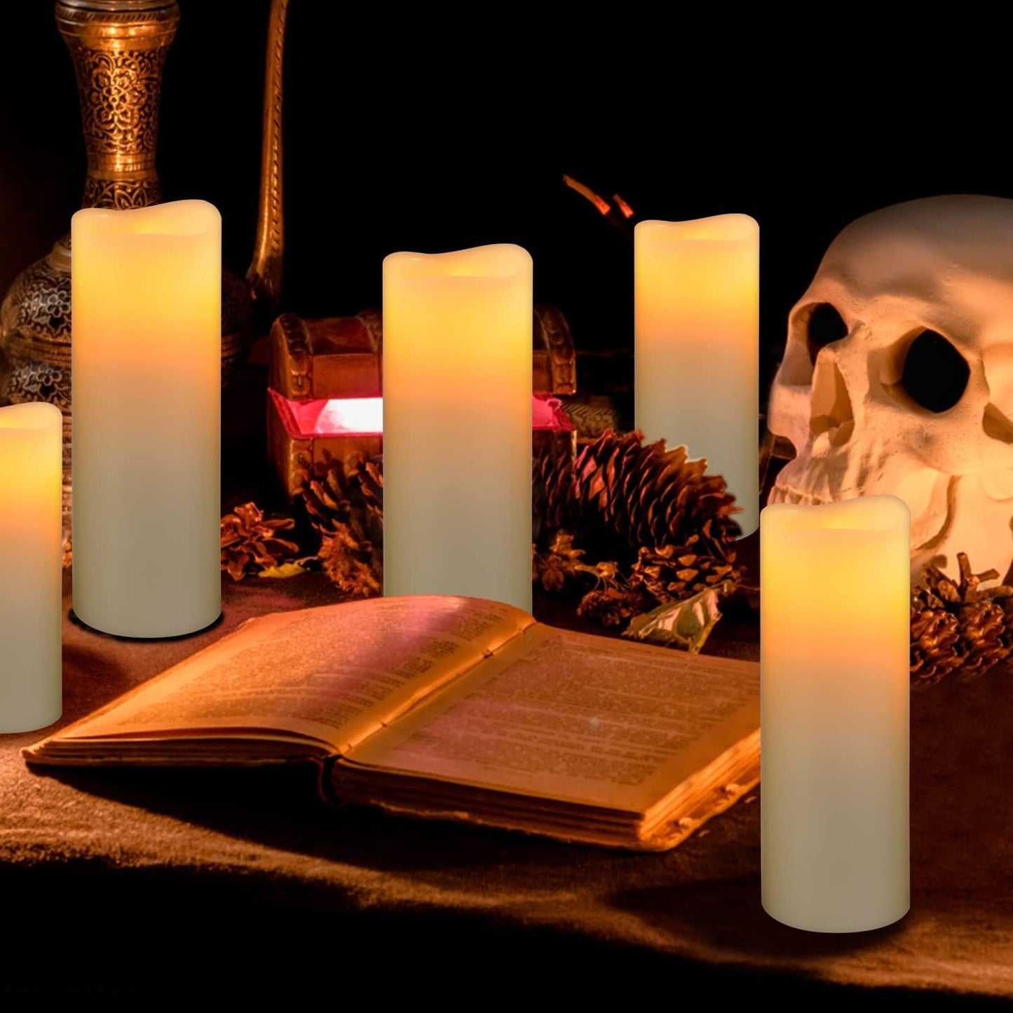 Hanzim Flameless Flickering Battery Operated Candles D2.2''*H4 5" 6" 7" 8" 9" Set of 9 Ivory Real Wax Pillar LED Candles with 10-Key Remote and Cycling 24 Hours Timer (Ivory)