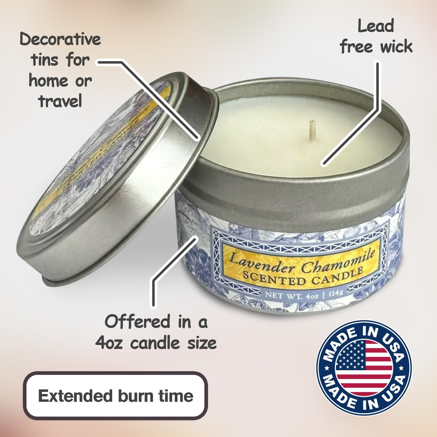Greenwich Bay Hand-Poured Scented Candle in Decorative Tin – 4 oz/114 g Travel Candle with Lead-Free Wick, Vegetable Wax, Long-Burning Aromatherapy Gift, Single Wick – Made in USA (Lavender)