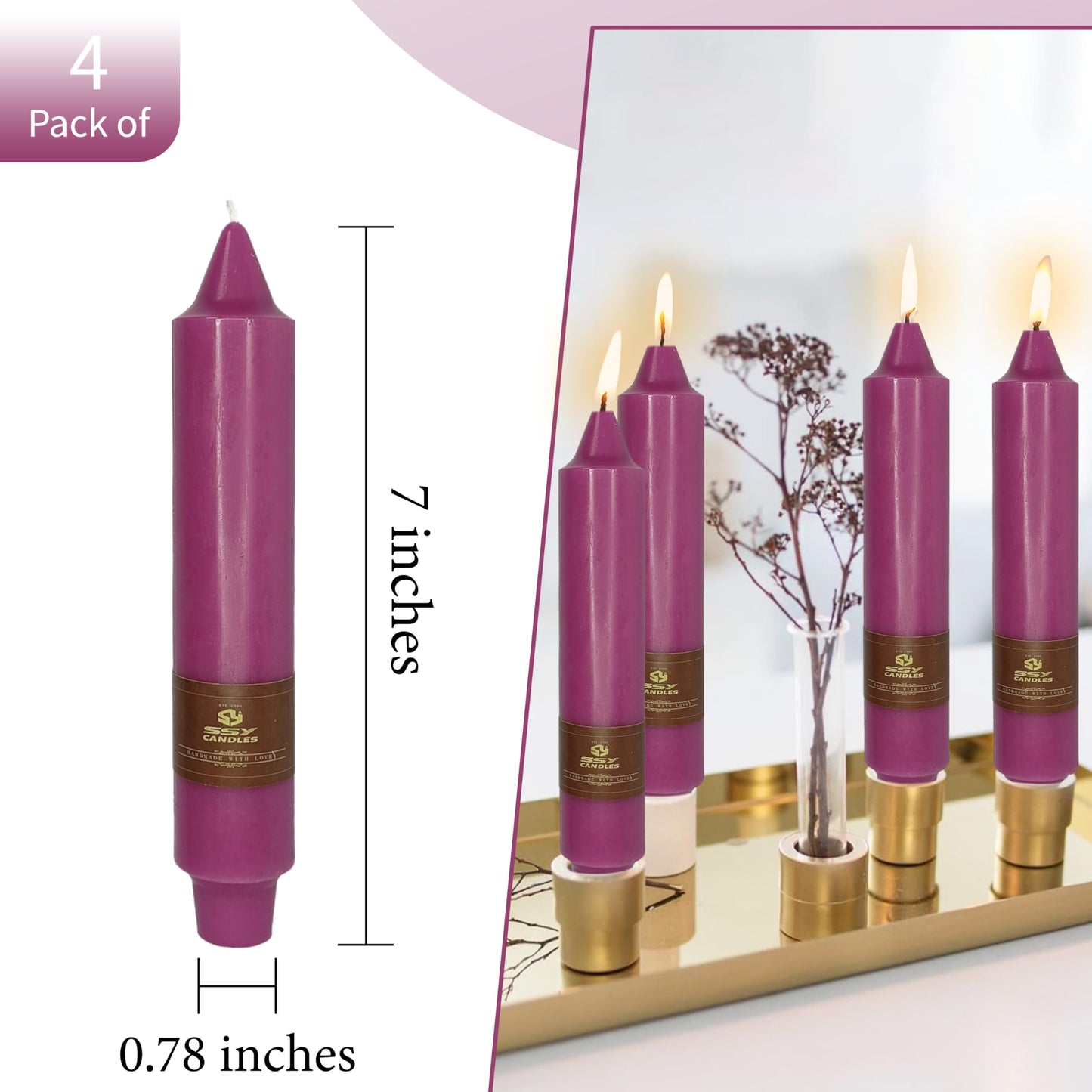 4 PCS Purple Candlesticks 7 inch Small Taper Candles Stick Candles Unscented Tapered Candlestick for Wedding Party Home Décor Candles Advent