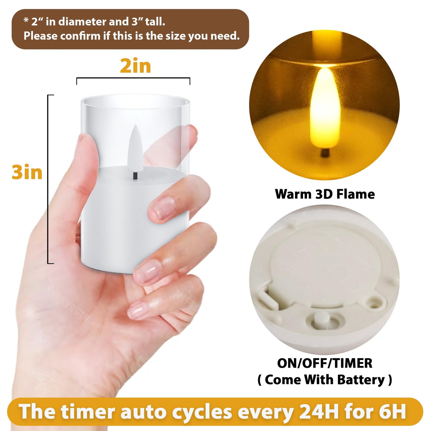VIODAIM 12Pack Flickering Flameless LED Candles with Timer, Battery Powered - Small Pillar & Votive, Clear (2"X3")