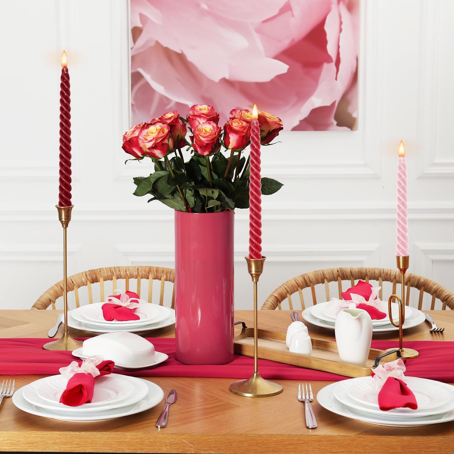 Whaline 12Pcs Gradient Red Pink Spiral Taper Candles Dripless Twisted Wax Candles 10 Inch Long Unscented Candle Sticks for Wedding Valentine's Day Holiday Party Home Dinner Table Decor