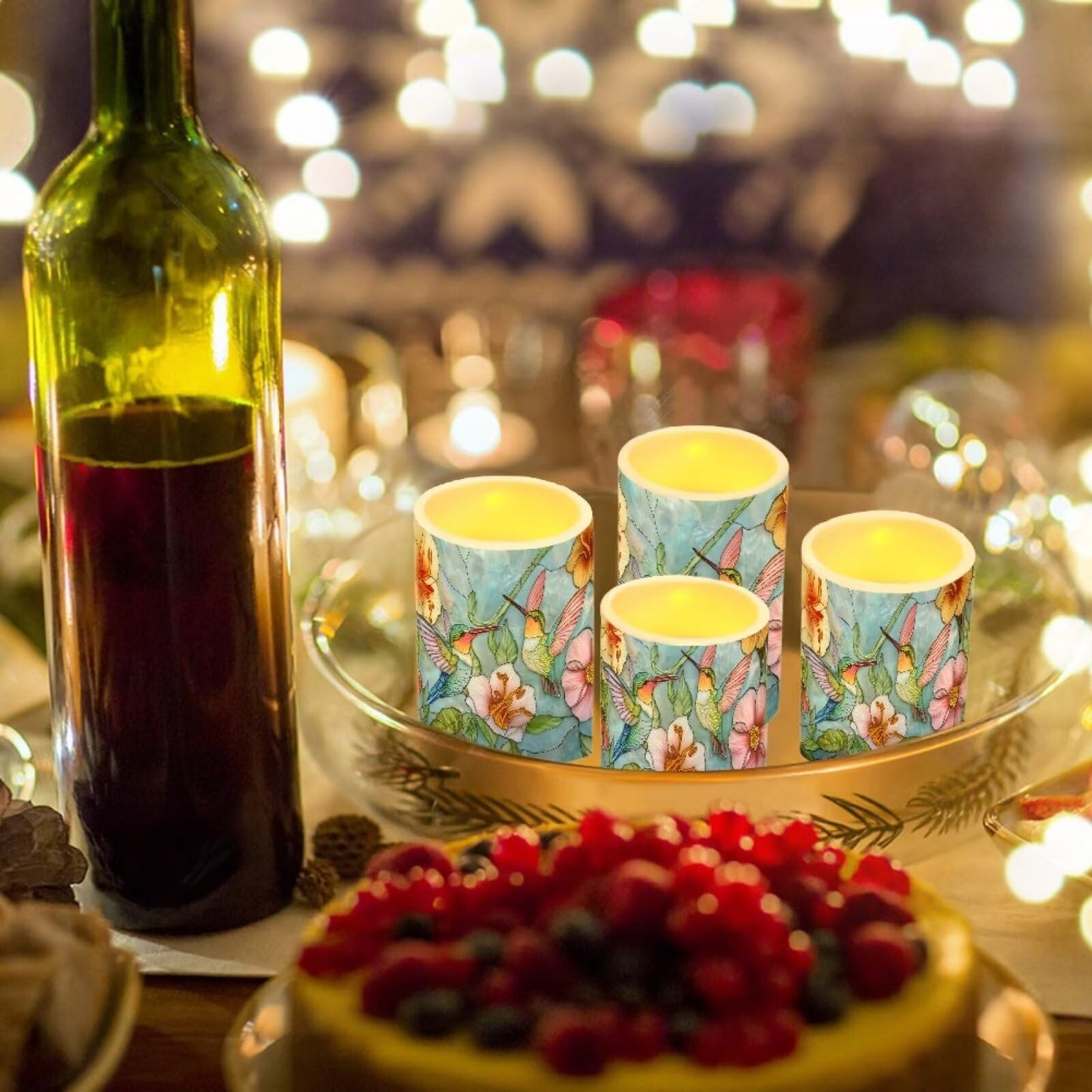 Cozeyat Floral Hummingbird LED Candles Set of 4 Battery Powered Flameless with Remote Timer Flickering Waterproof for Wedding Birthday Valentine Home Table
