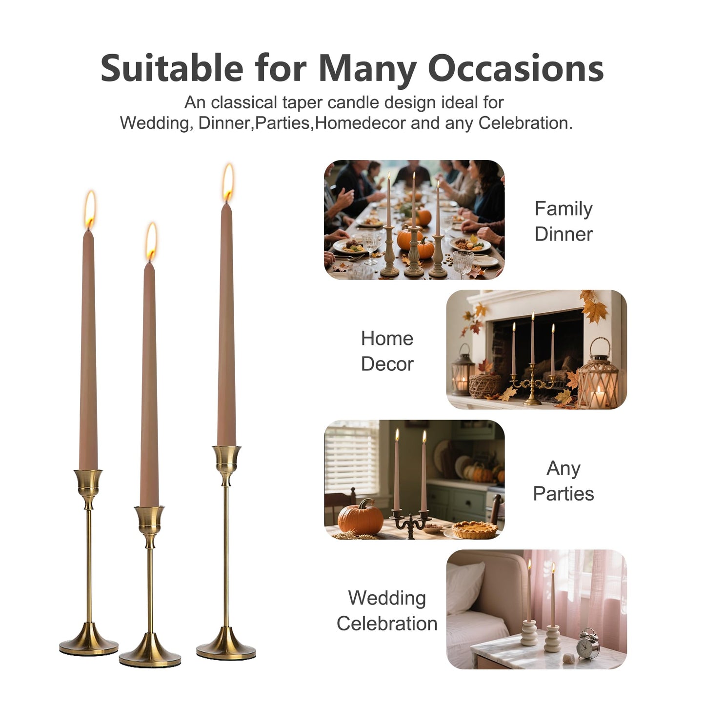 8 Pack 10 Inch Brown Taper Candles for Dinner Home Decor Wedding Shower