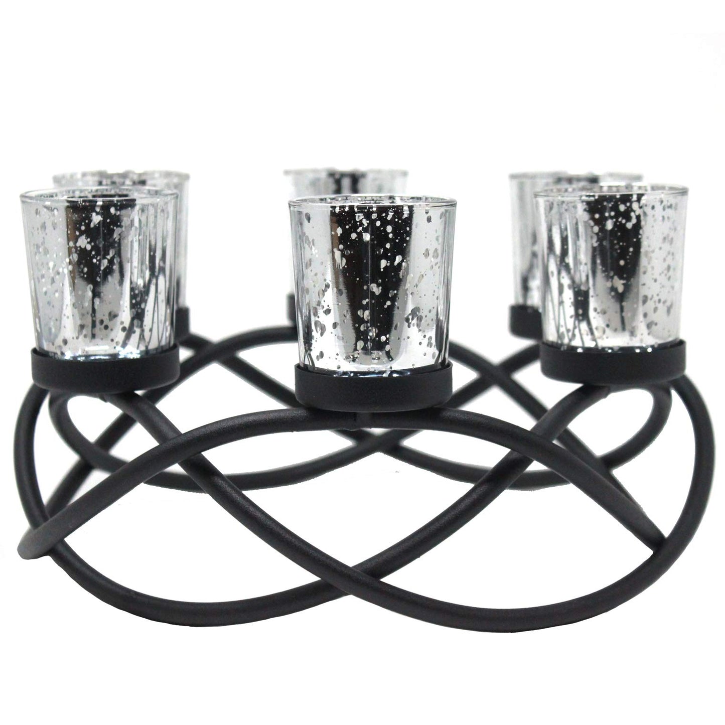 Seraphic Centerpieces for Table Decorations - Round Candle Holders for Outdoor Patio, Dining, Kitchen, Coffee & Wedding Table Decor, Black Iron Candelabra, 6 Silver Glass Votive Tealight Cups