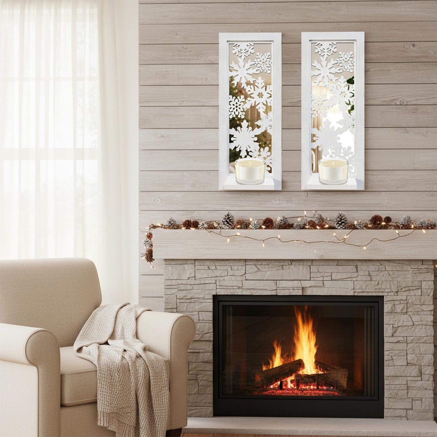 ZEXUIRU 2 Set Rustic Candle Sconces Living Room Bedroom Entryway Wood Mirrored, Farmhouse, Carved Frame Wall-Mount Wooden Candle Holders Wall Decor Hanging Handmade Holder - Distressed White