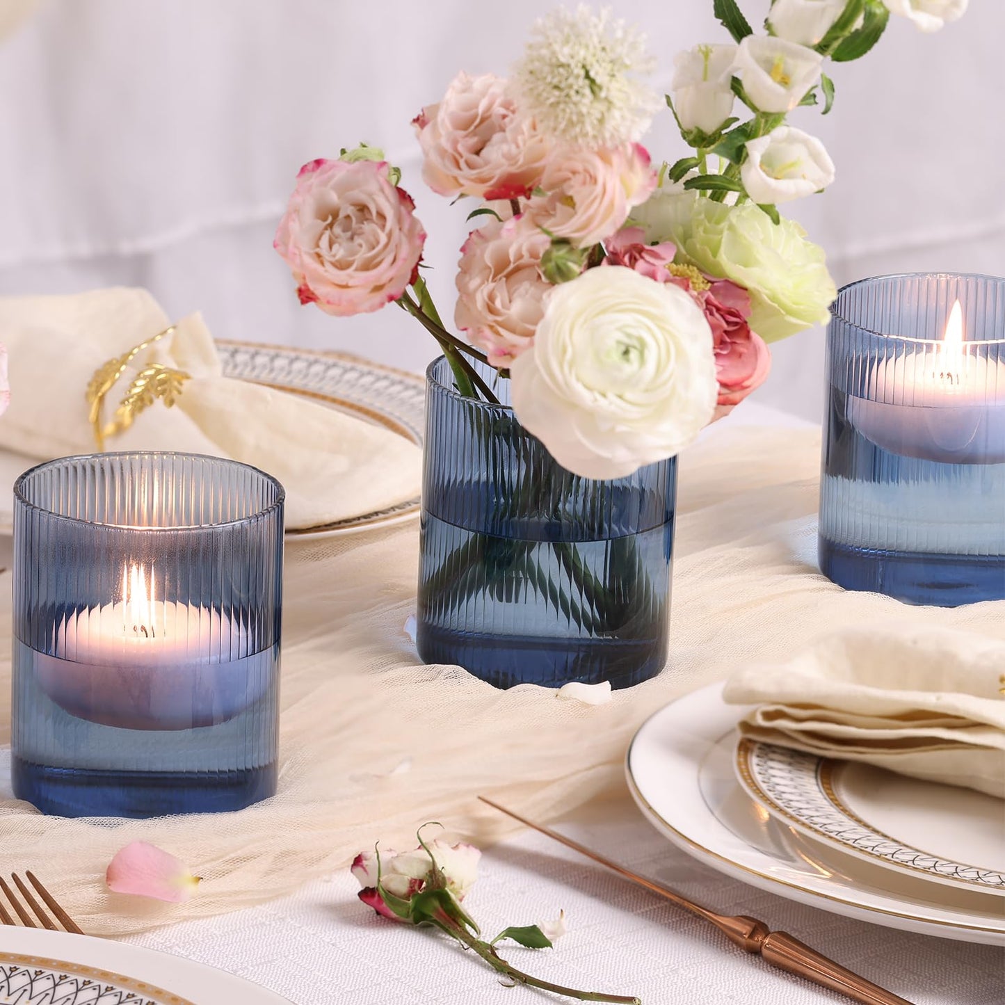 30pcs Blue Votive Candle Holders and 6pcs Blue Glass Cylinder Vases