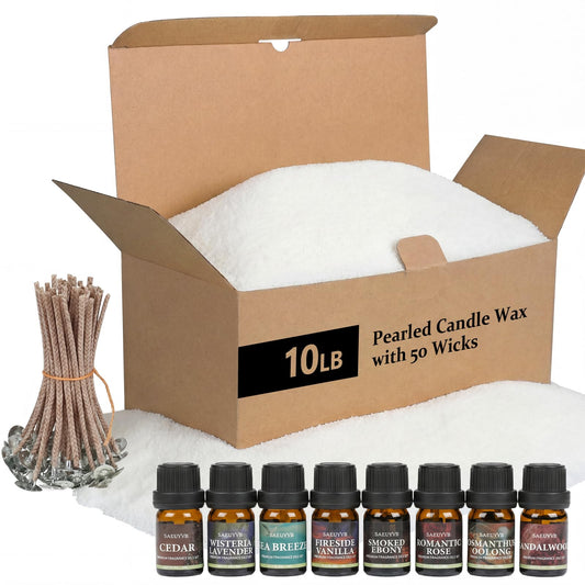 SAEUYVB Natural Pearled Candle Sand Set -10LBS White Sand Wax Beads with 50 Wicks,Refillable DIY Candle Making Kit with Fragrance Oils,Unique Craft Gift & Home Decor